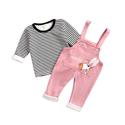 

Autumn Baby Girls Boys Long Sleeve Striped Print Thicken Blouse Tops Cartoon Suspenders Pants Casual Outfits Set