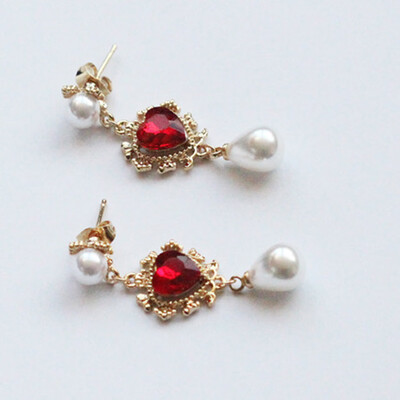 

Red Rhinestone Love Heart Charm Pearl Pendant Drop Earrings for Women Lady Accessories