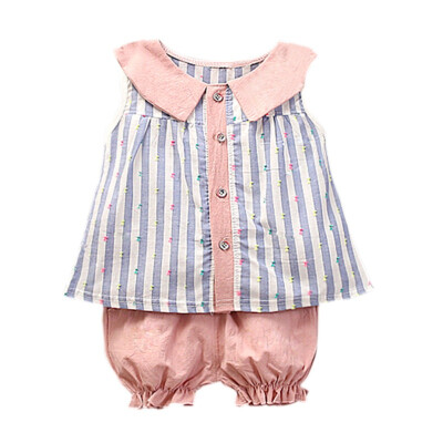 

2PcsSet Summer Baby Girls Cute Casual Sleeveless Stripe Print T-shirt TopsShorts Suits Costume Set