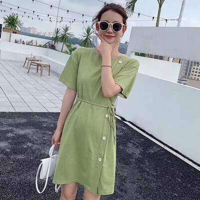 

Womens Dresses Solid Color Wild Round Collar Sexy Temperament Strap Waist Slim Shirts Short Sleeve Button Casual Dress