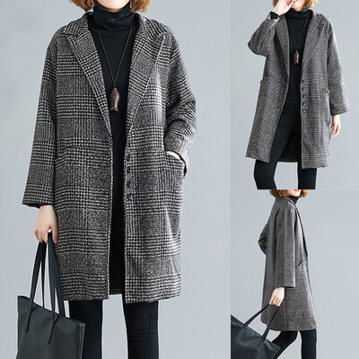 

Toponeto Women Work Plaid Vintage Winter Office Long Sleeve Button Woolen Jacket Coat
