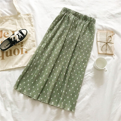 

Polka Dot Print Skirt Women Elastic Waist Lace Up Summer Skirts Pleated Long Skirt Ladies Elegant Female Elegant