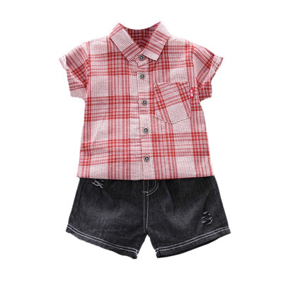 

Fashion Summer Children Boys Cotton Plaid Printed Short Sleeve Shirt Blouse Shorts Casual Outfits Clothes 2pcsSets