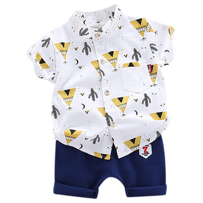 

Summer Baby Boys Casual Short Sleeve Floral Pattern shirt TopsDenim Shorts Set