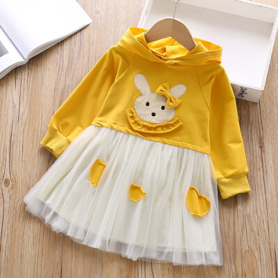 

Baby Girl Dress 1-6T New Autumn Letter Print Hooded Mesh Stitching Sweater Skirt Princess Cute Toddler Girl Long Sleeve Dress