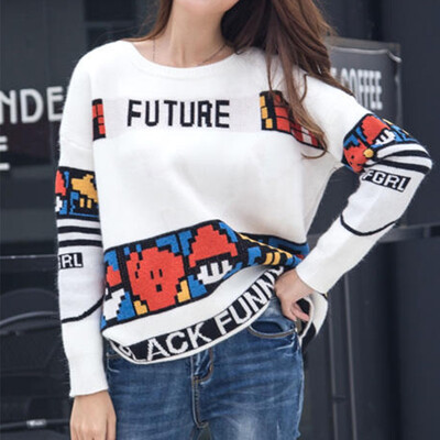 

2019 New Women Sweaters Korean Style Cartoon Printed Female Jumper Long Sleeve Pullover O-Neck Cute Girl Sweaters