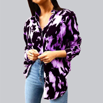 

Women Casual Autumn Printed Blouse Lapel Collar Loose Long Sleeve Plus Size Tops