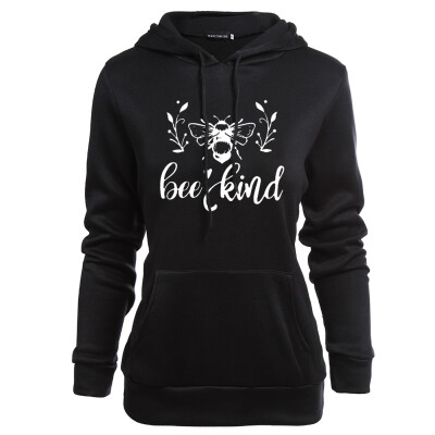 

2019 Women Long Sleeve Hoodie Casual Bee Kind Printing Hooded Sweatshirts Women Black Pullover Hoodie