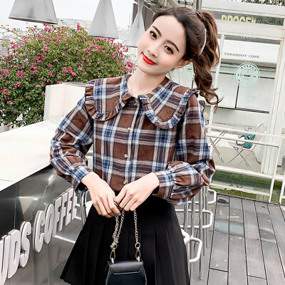 

JOY OF JOY Jingdong Womens 2019 Spring Japanese Style Cotton Doll Shirt Lotus Leaf Lace Collar Plaid Casual Long Sleeve Shirt Women JWCC191350 Brown