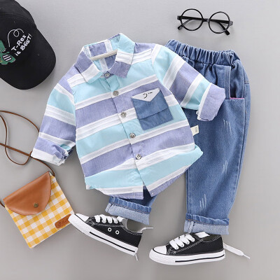 

Toddler Newborn Boy Autumn Outfits Long Sleeve Stripe Print TopDenim Trousers Casual Sets