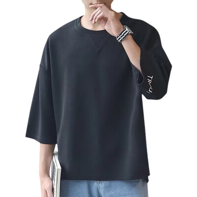 

Men T-Shirt Round Collar Loose Cuff Embroidered Letters Cropped Sleeve Retro Casual Wild Tops Black White