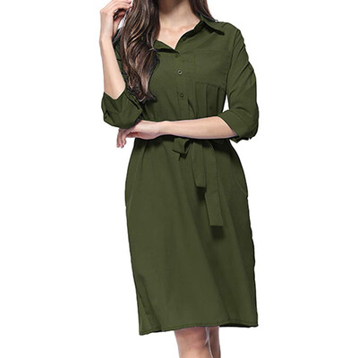 

Women Sashes A Line Dress Ladies Casual Button Turn Down Collar Casual Shirt Dress Summer Autumn Winter Solid Knee Dress