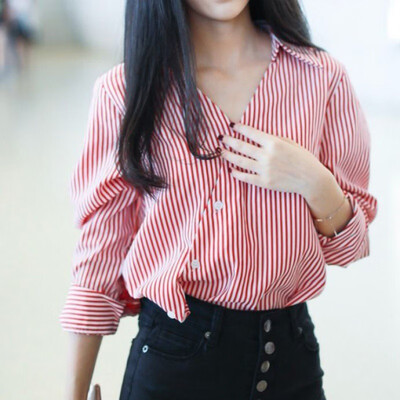 

Trendy fashion wild pink striped print V-neck shirt long-sleeved blouse autumn Korean version of the simple casual shirt