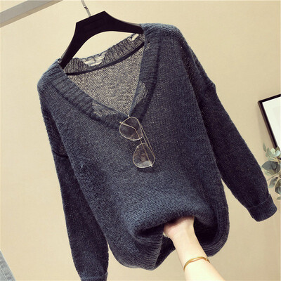 

Autumn New Loose Casual Solid Color Hollow Sweater Korean Style Long-sleeved V-neck Women Knit Pullover Ladies Tops