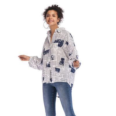

Women Autumn Shirts Fashion Casual Long Sleeve Shirt Lapel Single-breasted Letter Printed Newspaper Shirt Female Tops