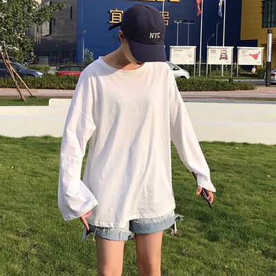 

Basic Simple Solid Color Tee Shirt Women T Shirts Long Sleeve O-Neck T Shirt Loose Fit Pullover Casual Basic T-Shirts Tops