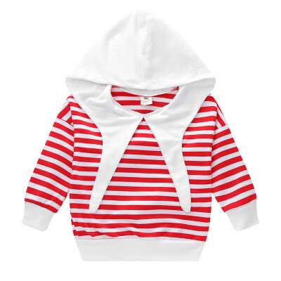 

Fashjion Striped Hooded Sweatshirt Stitching Bat Collar Personality Girl Sweater Childrens Shirt T-Shirt