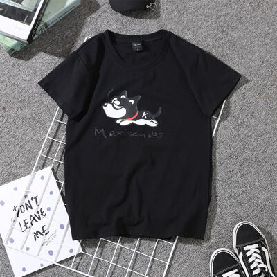 

2019 Large Size Female T-shirt Summer Round Collar Puppy Print Loose Short Sleeve Casual Black WhiteT-Shirt Simple Wild Tops