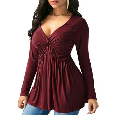 

Women Spring Solid Color Shirts Long Sleeve Casual V-neck Pleated Tops