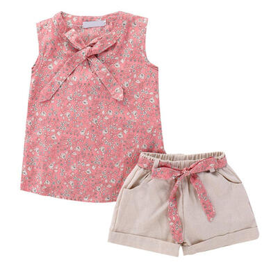 

Summer Girls Clothes Kids Girl Floral Bowknot Sleeveless Top Shorts Pants Casual Sets Childrens Clothing For Girls 1-6T