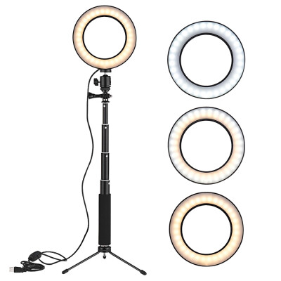 

8 Inch Desktop Mini LED Video Ring Light Lamp Dimmable 3 Lighting Modes USB Powered with Telescopic Light Stand Mini Desktop Tripo