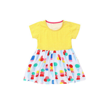 

Casual Baby Girls Dresses Children Clothing Stripe Print Patchwork Princess Dress Cotton Kids Toddler Short Sleeve Sundress