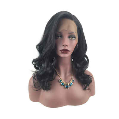 

Women Medium Length Curly Fake Hair Lace Front Black Wavy Hairpiece Girls Glueless Wig
