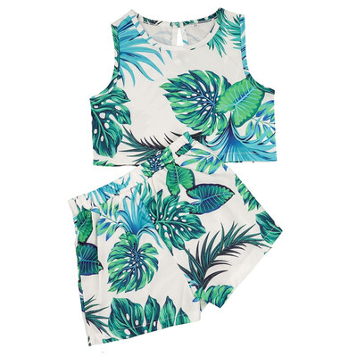 

2PcsSet Summer Baby Girls Casual Sleeveless Leaves Print Vest TopsShorts Suits Costume Set