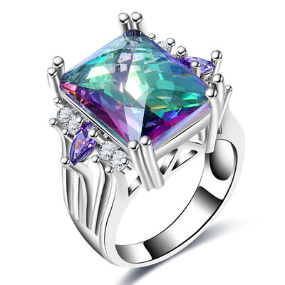 

Big Colorful Gem Stone Rainbow Rings for Women Gem Ring Unique Silver Color Ring Party Cocktail Female Jewelry Rock