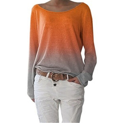 

Autumn Fashion Gradient Color Women Round Neck Long Sleeve Loose T-Shirt Top