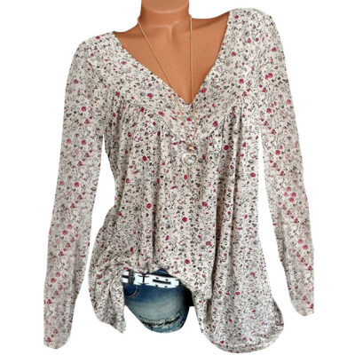 

Autumn Plus Size Causal Floral Print V Neck Long Sleeve Women Loose T-Shirt Top