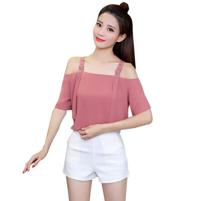 

Fashion Sexy Backless Off Shoulder Chiffon Blouse Female Adjustable Spaghetti Strap Short Tops Slash Neck Short Sleeve Shirt