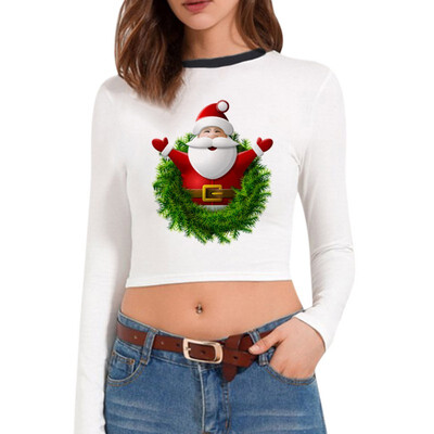 

Christmas T-shirt Santa Claus Christmas Tree Print Multiple Choices Long-Sleeve Cropped tshirt New Hot Women Clothes