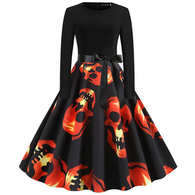 

Fashion Women Halloween Long Sleeve Dress Pumpkin Skull 3D Print Dress Round Collar Casual Christmas Festival Dresses
