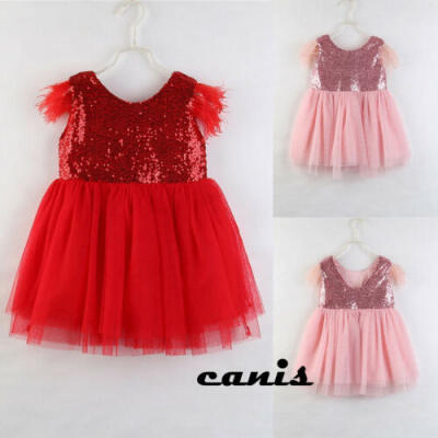 

US Toddler Baby Girls Sequins Dress Feather Sleeve Princess Party Dress Tutu