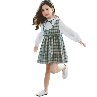 

Fashion Autumn Casual Kids Girls Solid Print Long Sleeve Plaid Print Fake 2 Piece Design Dress Toddler Sundress