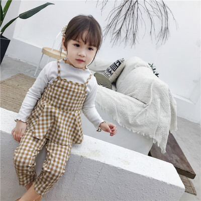 

Children Set 1-7T Baby Girl Dress New Autumn Plaid Print Pants Cotton Long Sleeve T-shirt Round Collar Sling Vest Soft Three-pie