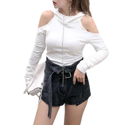 

Fashion Women T-Shirt Long Sleeve Solid Off-The-Shoulder Hooded Sexy Tops