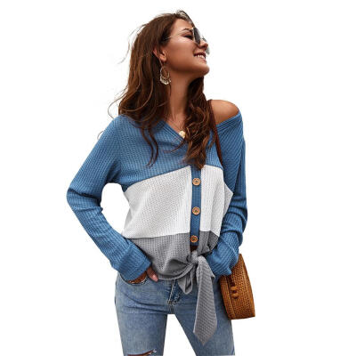 

Fashion Women Cardigan Knitted Long Sleeve Splicing V-Neck Thin Casual Tops