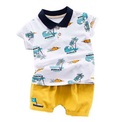 

Summer Casual Outfits Sets Baby Boys Clothes Short Sleeve Striped Cartoon Print Tops Blouse T-shirtShorts Children