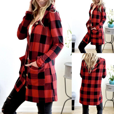 

Toponeto Fashion Womens V-Neck Long Sleeves Plaid Print Cardigan Blouse Easy Hooded Tops