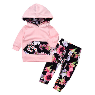 

Autumn Long Sleeve Hooded Pullover Tops Casual Floral Pants Cute Baby Girl Clothes Sets