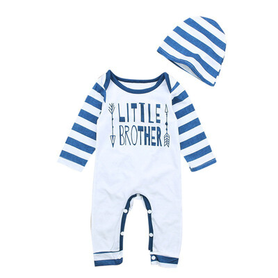 

New Spring Autumn Winter Baby Infant Boy Girl Suit White Blue Stripe Letter Print Long Sleeve Romper Long Pants Cap 3pcs Set