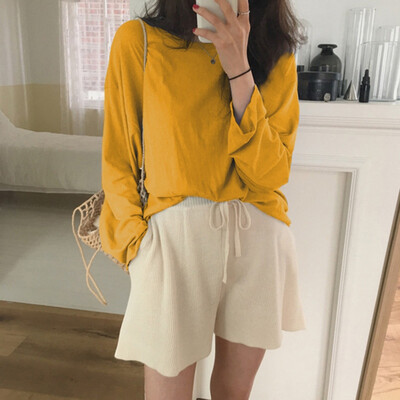 

Korean Style Autumn Winter New Vintage Casual Loose Multicolor Solid plus size T-shirt Long-Sleeved T-Shirt Women camiseta mujer