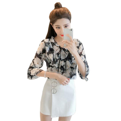 

Women Blouses 2018 Chiffon Print Ruffles Sleeved Blusas Work Shirts For Womens Elegant Blouses Plus Size Female Summer Tops