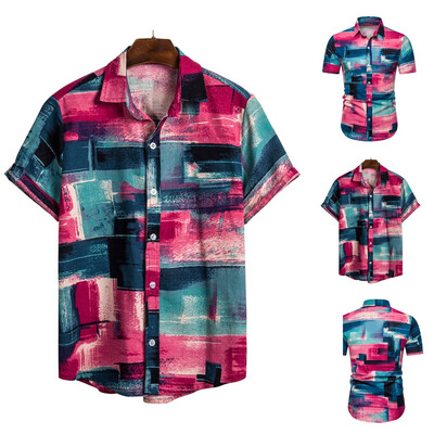 

Toponeto Mens Ethnic Short Sleeve Casual Cotton Linen Printing Hawaiian Shirt Blouse