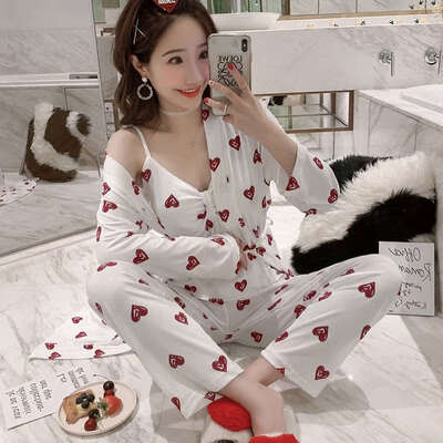 

Woman Autumn Sexy Pajamas Set Printed Sling Sleepwear 3 Peices Long Sleeves Soft Comfort Homewear Sexy Robe Sleepwear