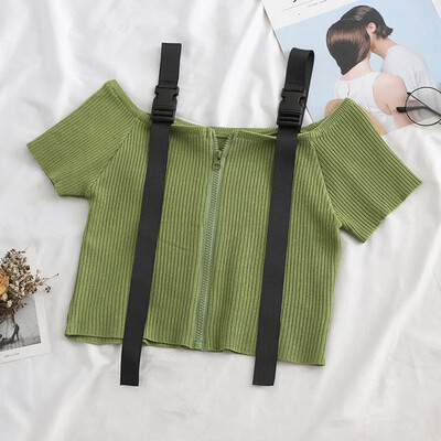 

T-Shirt Women Short Sleeve Crop Top Korean Style Feminina Knitted Cotton Black Sexy Short Top