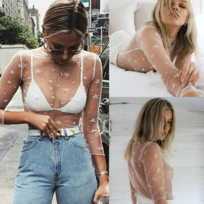 

US STOCK Women Hollow Mesh Net T-Shirt Long Sleeve Tee Tops Transparent Blouse