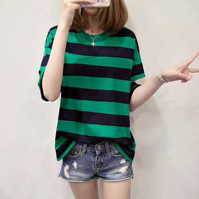 

JOY OF JOY 2019 summer round neck Korean version of the bottom stripe bat half sleeve womens loose wild T-shirt womens tide JWTD191266 green stripes XL